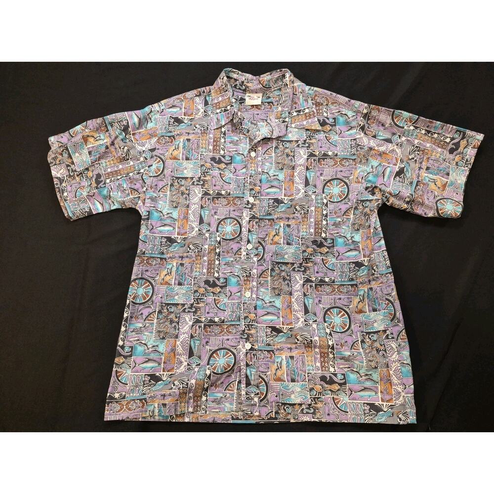 Vintage Go Barefoot Hawaiian Shirt Mens Large Purple/Blue Hawaiin Tribal Made US